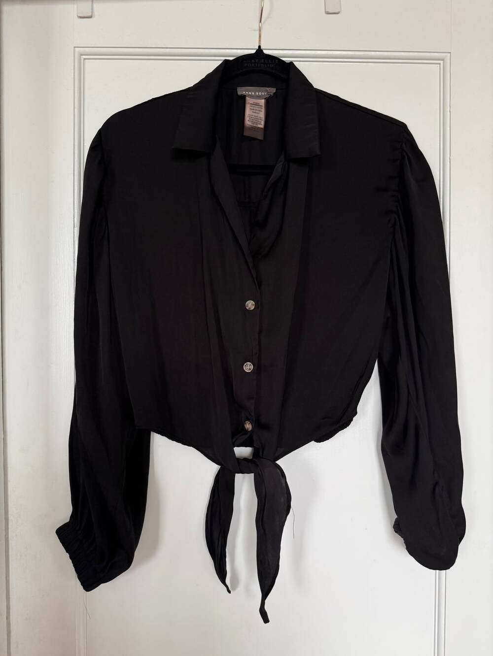 Sans Souci Long Sleeve Blouse Size S Black Tie Front Crop Top